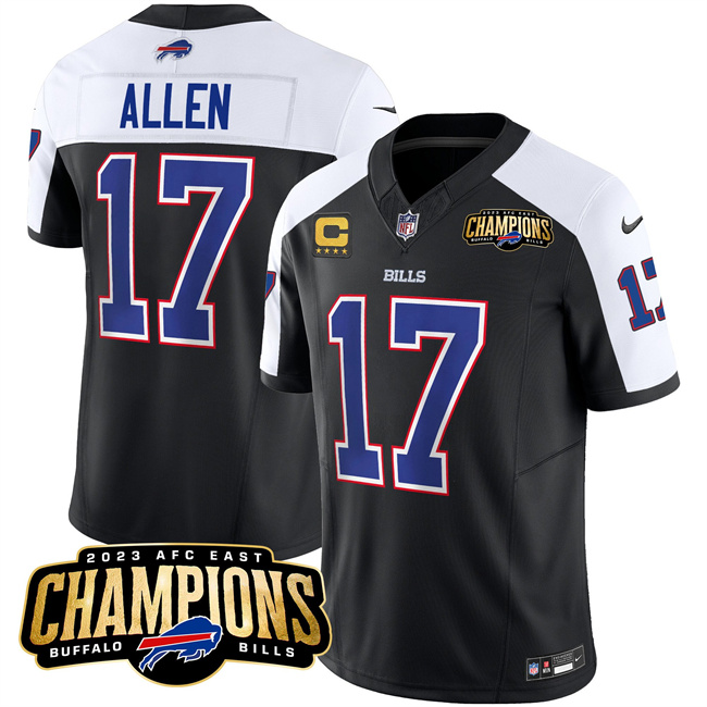 Men's Buffalo Bills #17 Josh Allen Black/White 2023 F.U.S.E. AFC East Champions With 4-star C Ptach Football Stitched Jersey